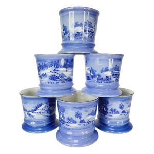 Currier & Ives Vintage Porcelain Winter Scenes Gold Trim Set of 6 Coffee Mugs